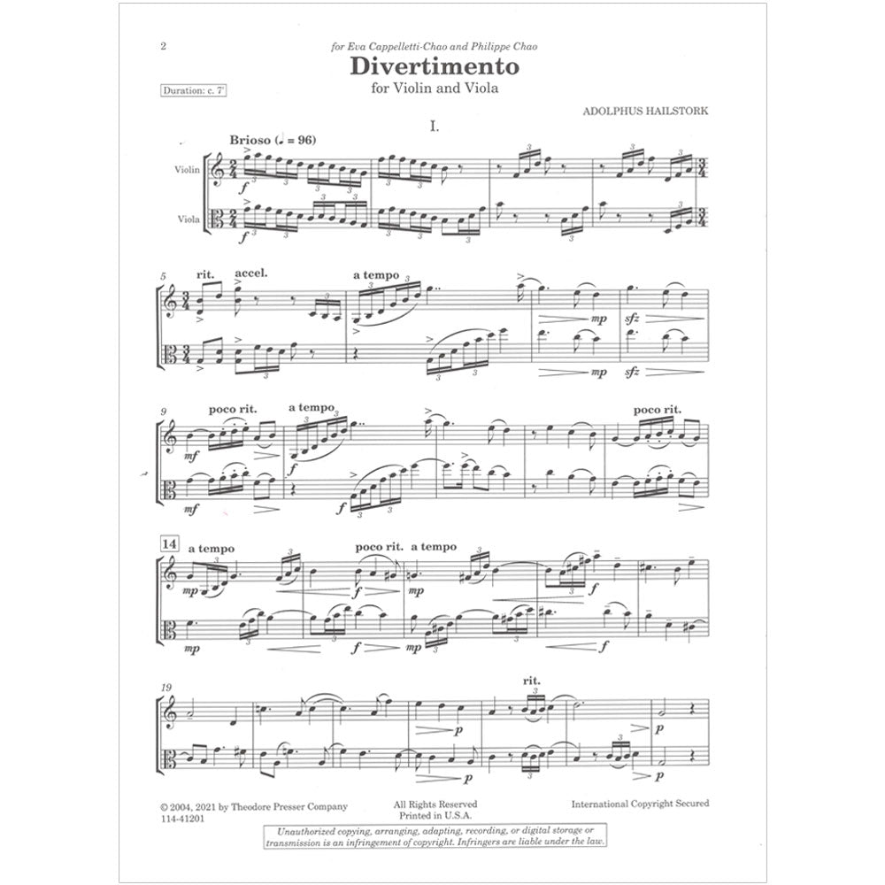 Hailstork, Adolphus - Divertimento for Violin and Viola - Presser