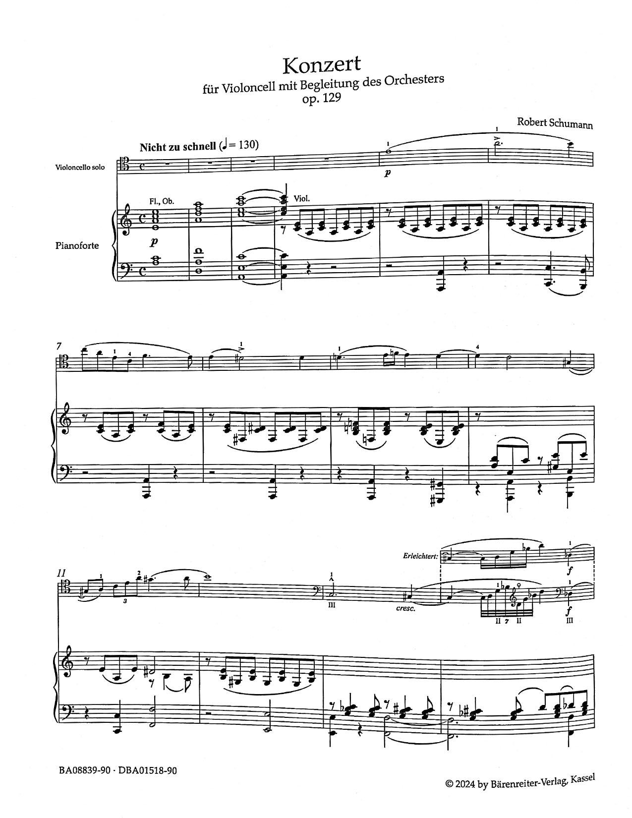 Schumann, Robert - Cello Concerto in a minor, op. 129 for Cello and Piano - Barenreiter Urtext