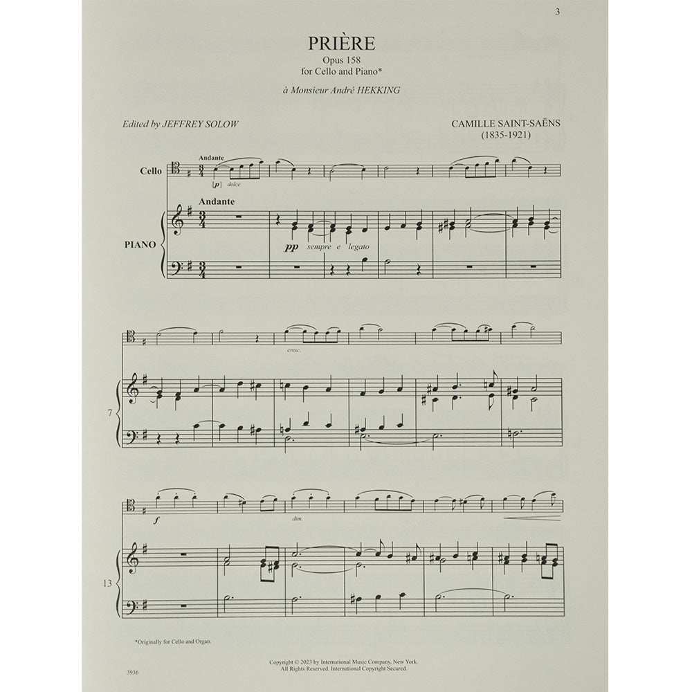 Saint-Saens: Priere, Opus 158 for cello and piano