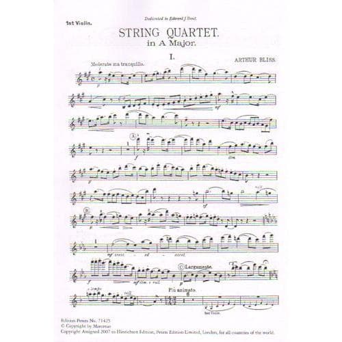 Bliss, Arthur  String Quartet in A Major, Op 4  Two Violins, Viola, and Cello  Score and Parts  Edition Peters