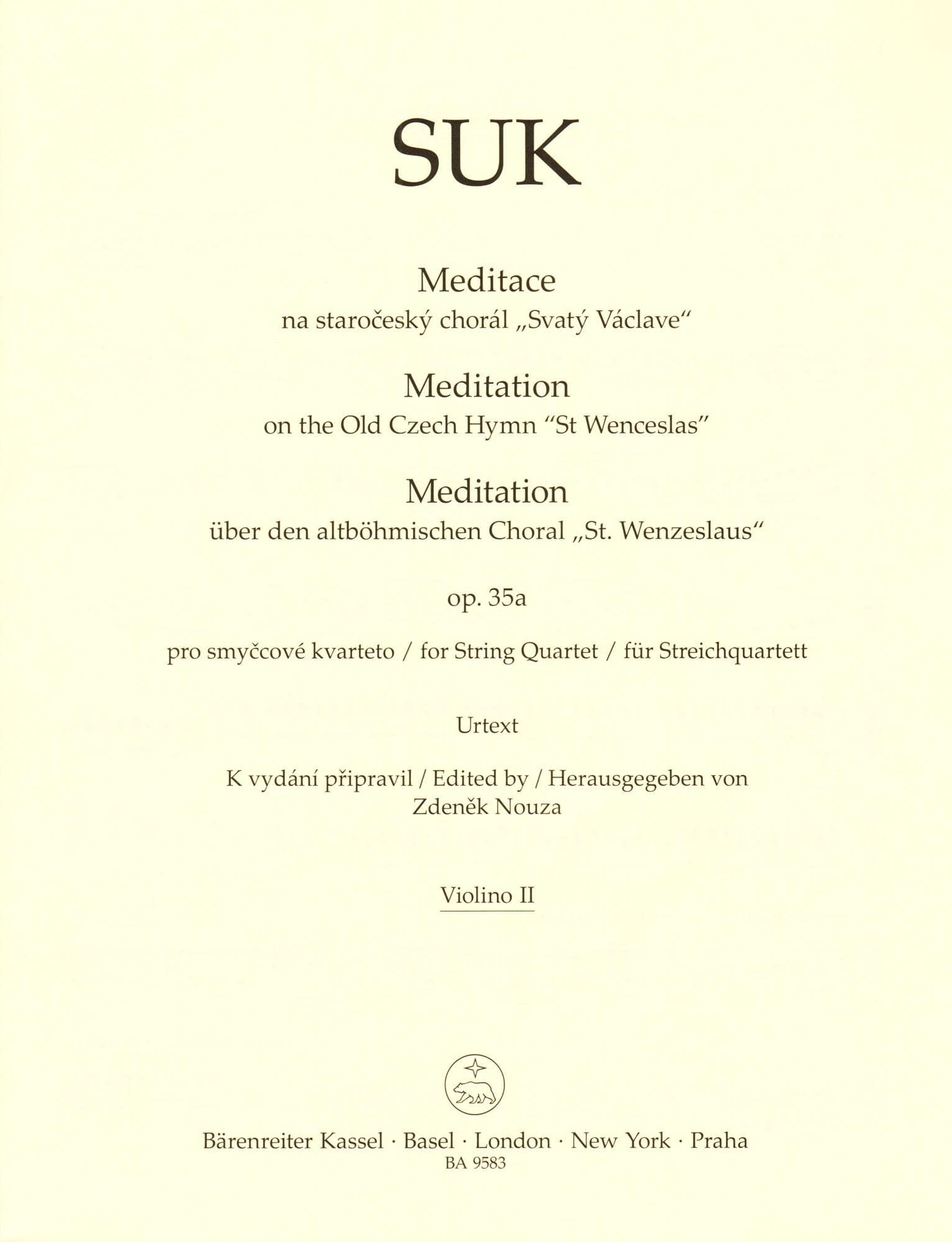 Suk, Josef - Meditation, Opus 35a - for String Quartet - edited by Zdenek Nouza - Barenreiter URTEXT