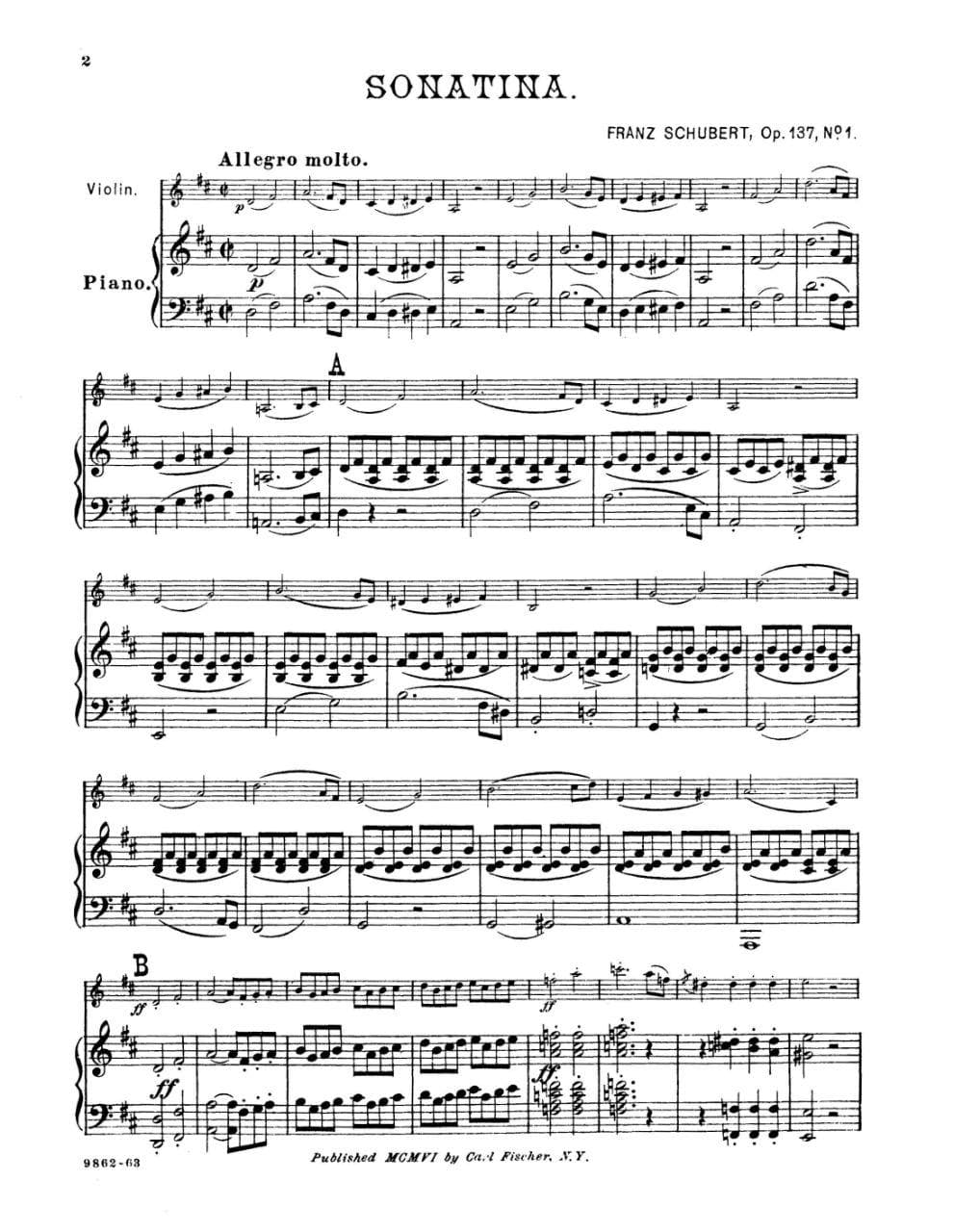 Schubert, Franz - Three Sonatinas Op 137 For Violin and Piano Edited by Fischer Published by Carl Fischer