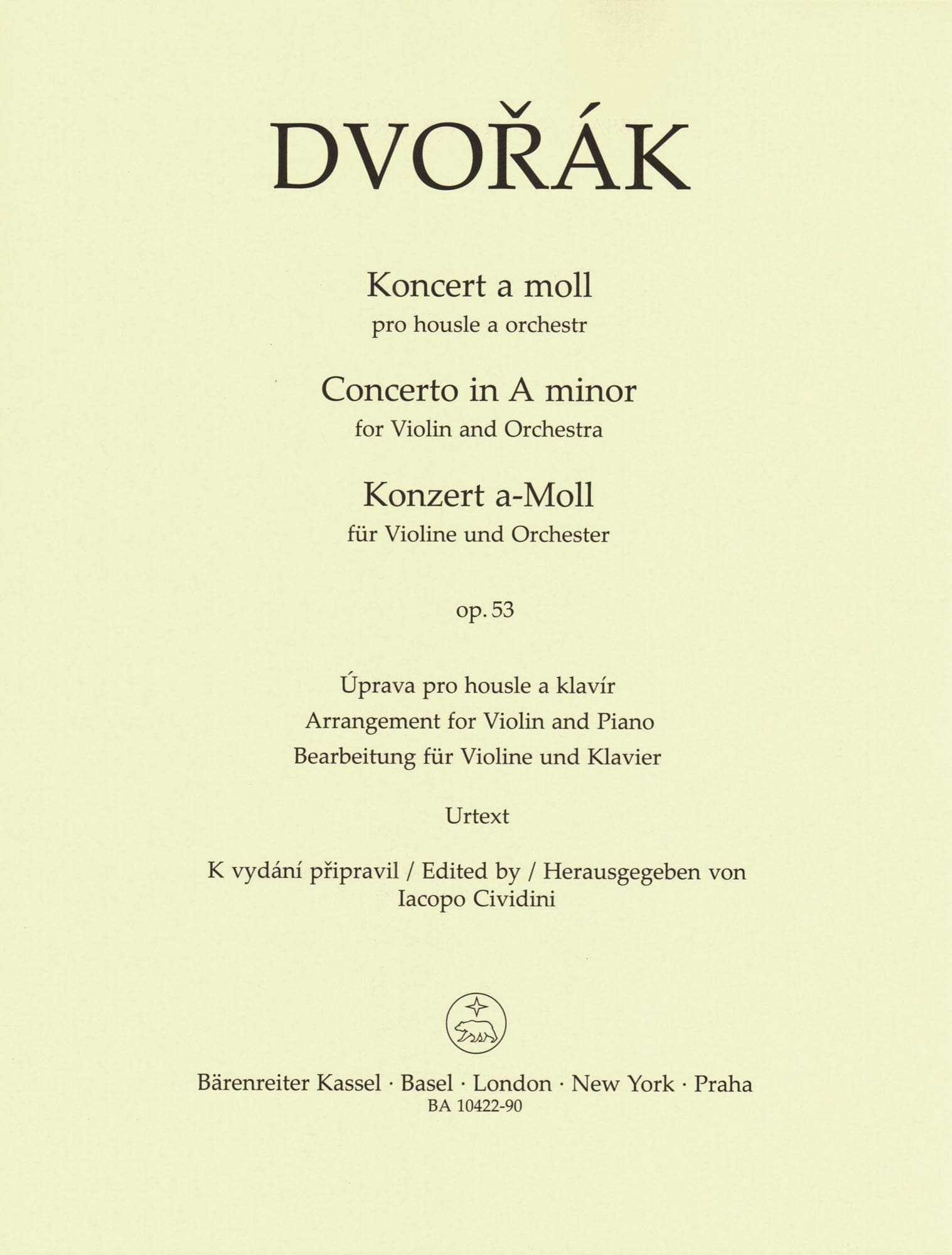 Dvorak, Antonin - Concerto in A minor, op. 53 - for Violin and Piano - edited by Iacopo Cividini - Barenreiter URTEXT