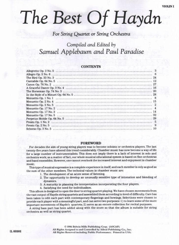 Haydn, Franz Joseph - The Best of Haydn - for String Quartet or Orchestra - Violin 1 part - edited by Samuel Applebaum and Paul Paradise - Belwin-Mills Publishing
