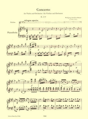 Mozart, WA - Concerto No 5 in A Major, K 219 - Violin and Piano - edited by Henri Marteau - Edition Peters