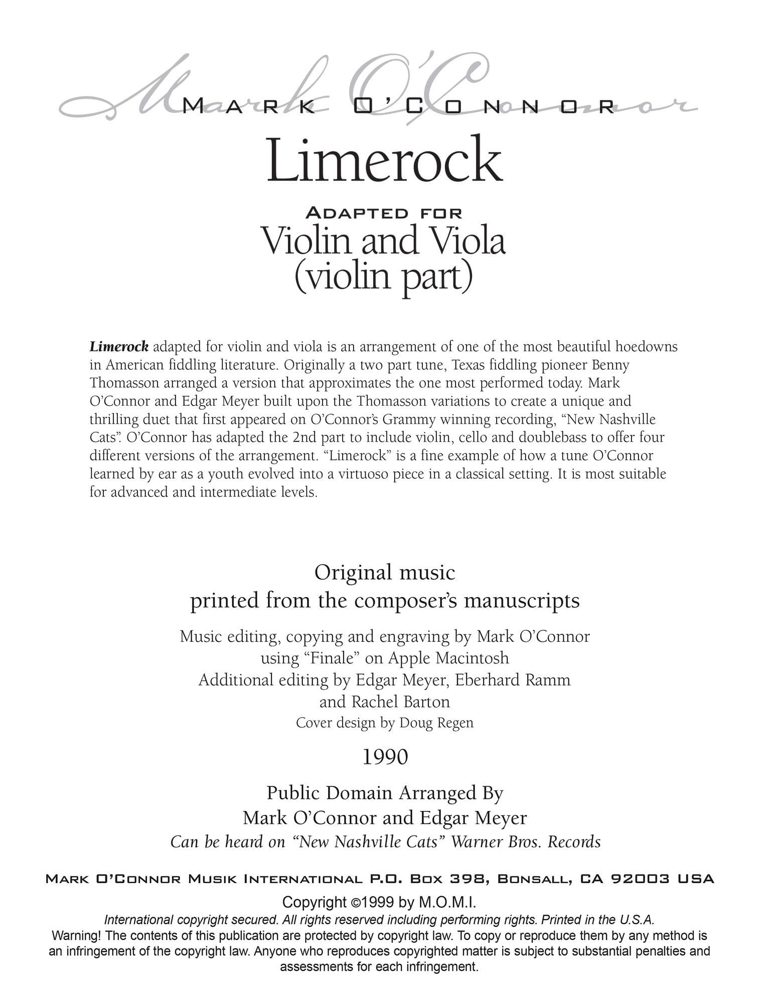 O'Connor, Mark - Limerock for Violin and Viola - Violin - Digital Download