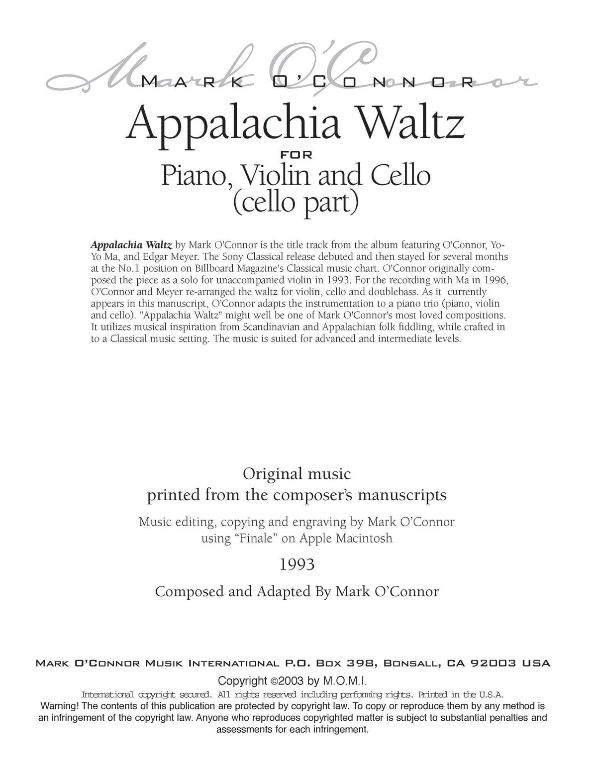 O'Connor, Mark - Appalachia Waltz for Piano, Violin, and Cello - Cello - Digital Download