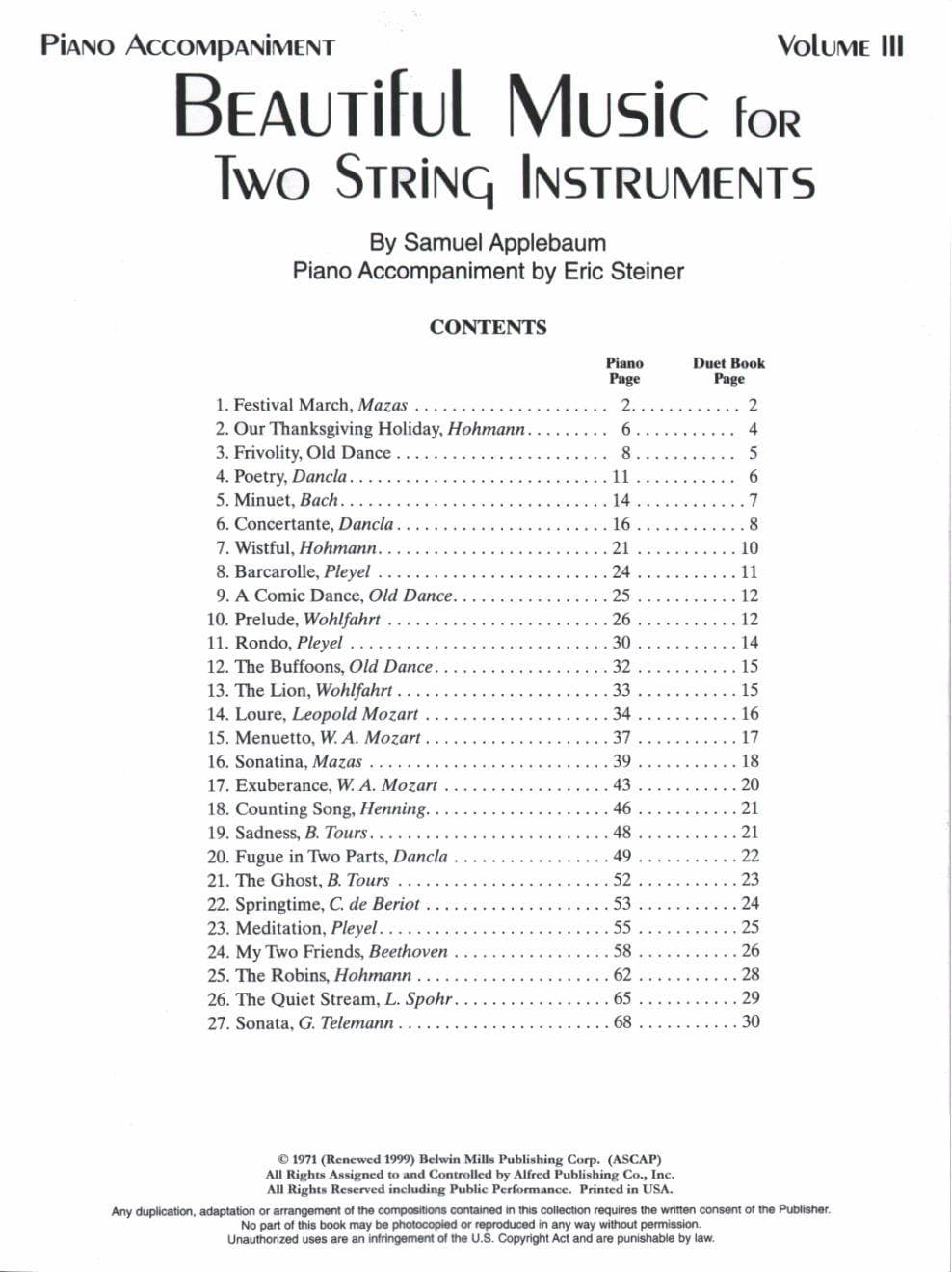 Applebaum, Samuel - Beautiful Music For Two String Instruments Volume 3 Piano Accompaniment - Arranged by Steiner - Belwin-Mills Publication