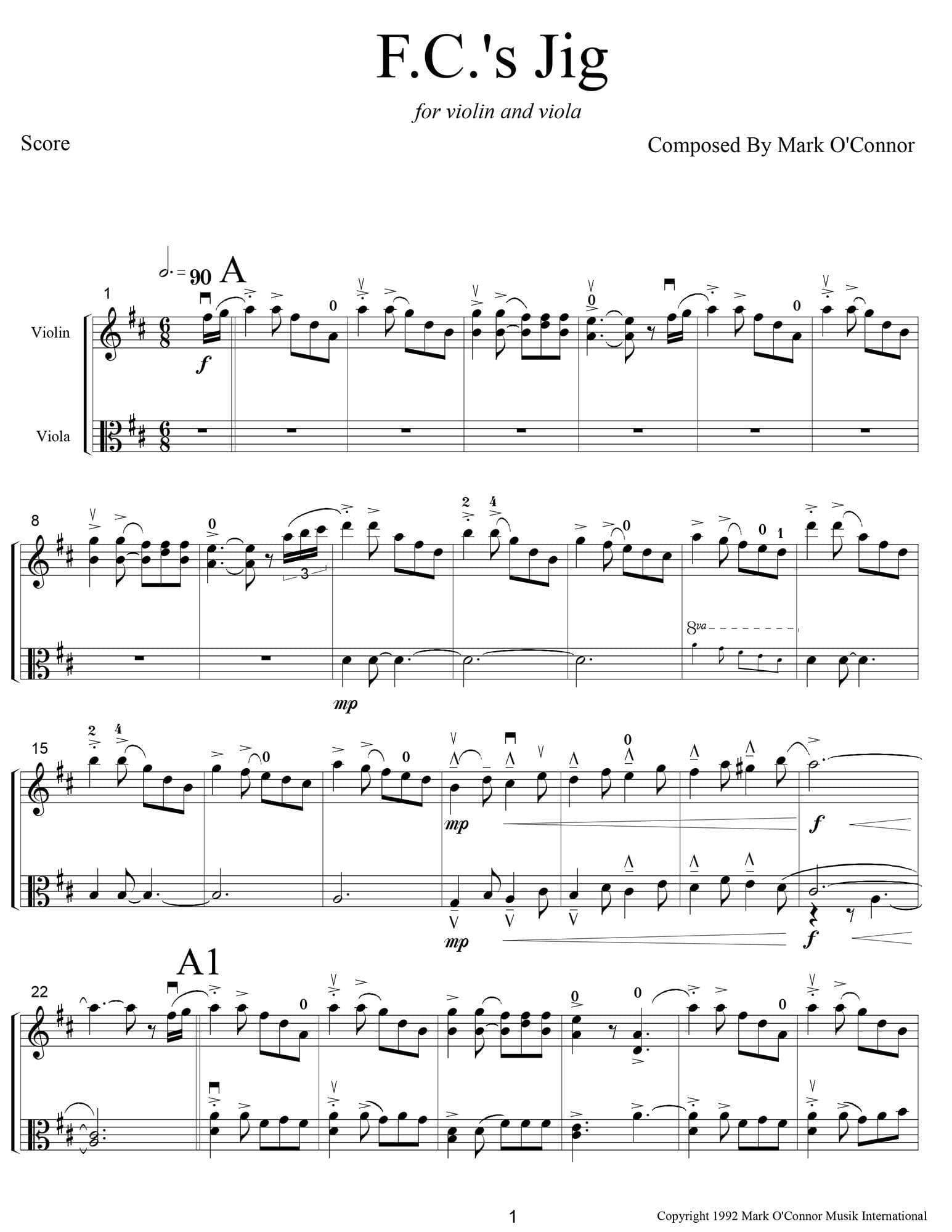 O'Connor, Mark - F.C.'s Jig for Violin and Viola - Score - Digital Download