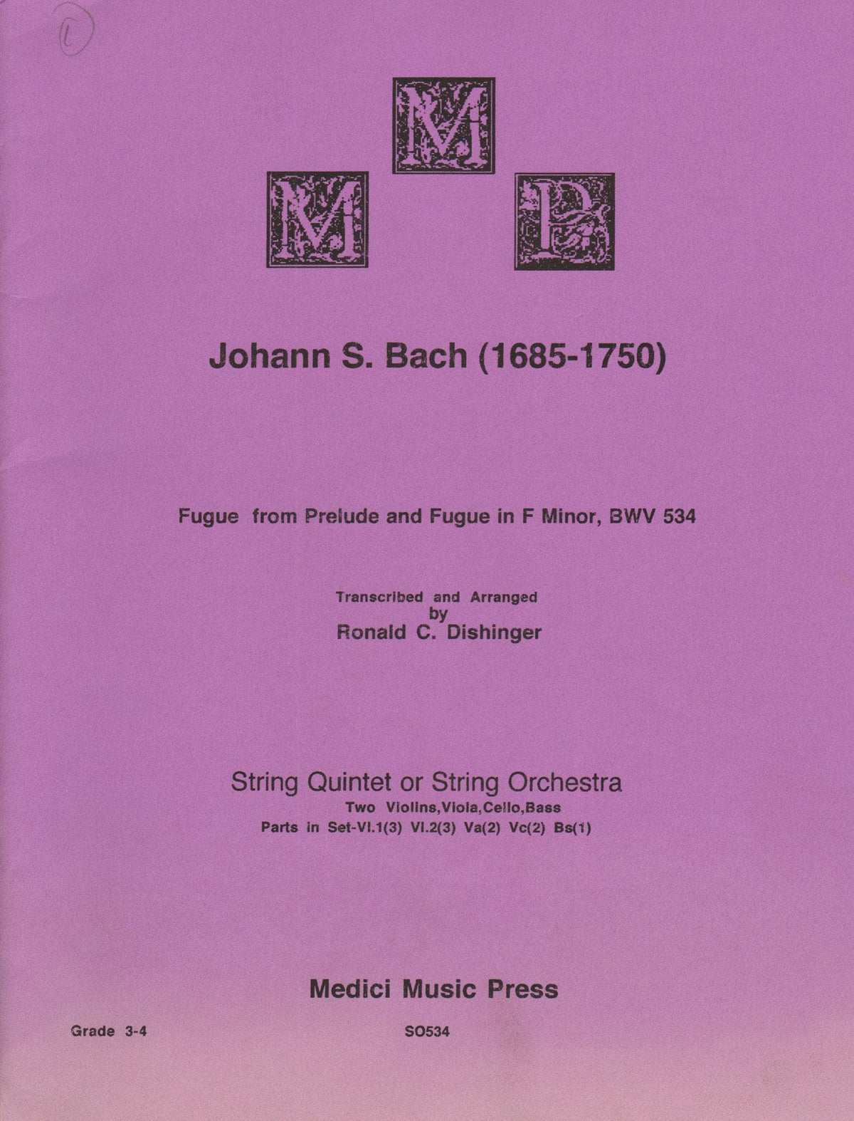 Bach, J.S. - Fugue from Prelude and Fugue (BWV 534) - for String Orchestra - arranged by Dishinger - Medici Music Press