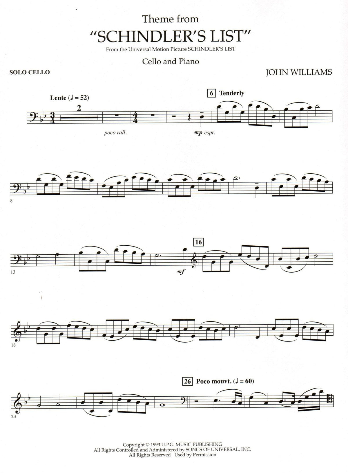 Williams, John - Theme from "Schindler's List" - Cello and Piano - Hal Leonard Publication