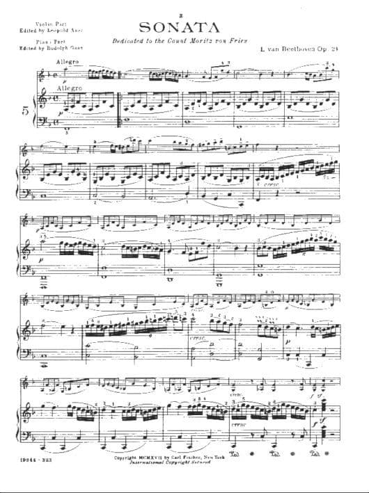 Beethoven, Ludwig - Sonata No 5 in F Major Spring Op 24 - Violin and Piano - arranged by Auer-Ganz - Fischer Edition