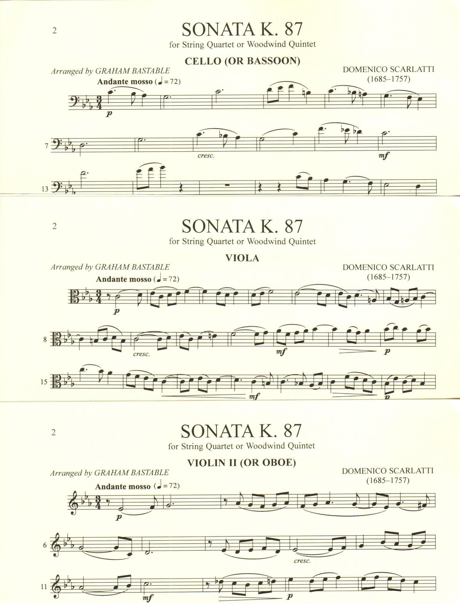 Scarlatti, Domenico - Two Sonatas, K. 87 and K. 455 - for Two Violins, Viola, and Cello - Edited by Bastable - International