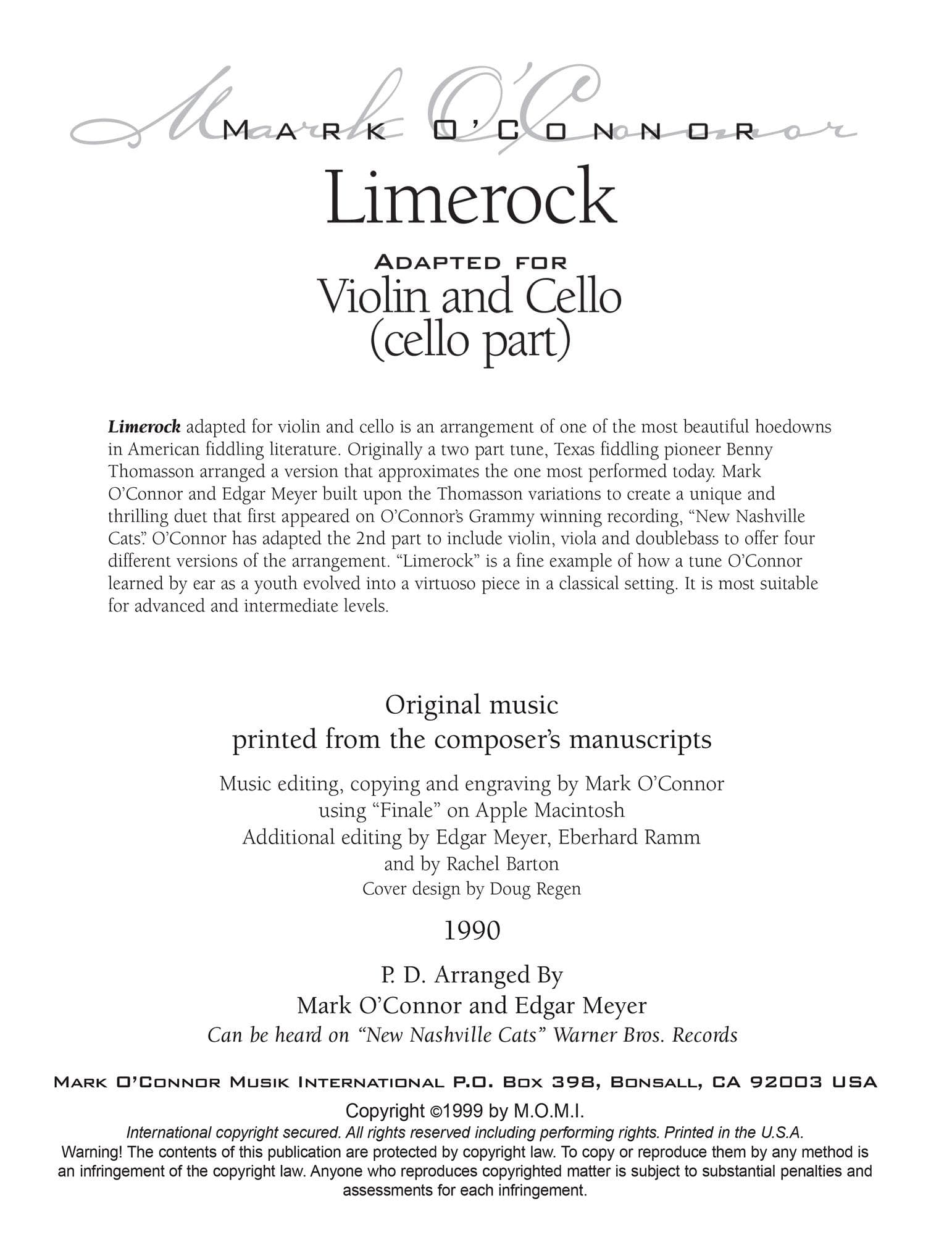 O'Connor, Mark - Limerock for Violin and Cello - Cello - Digital Download