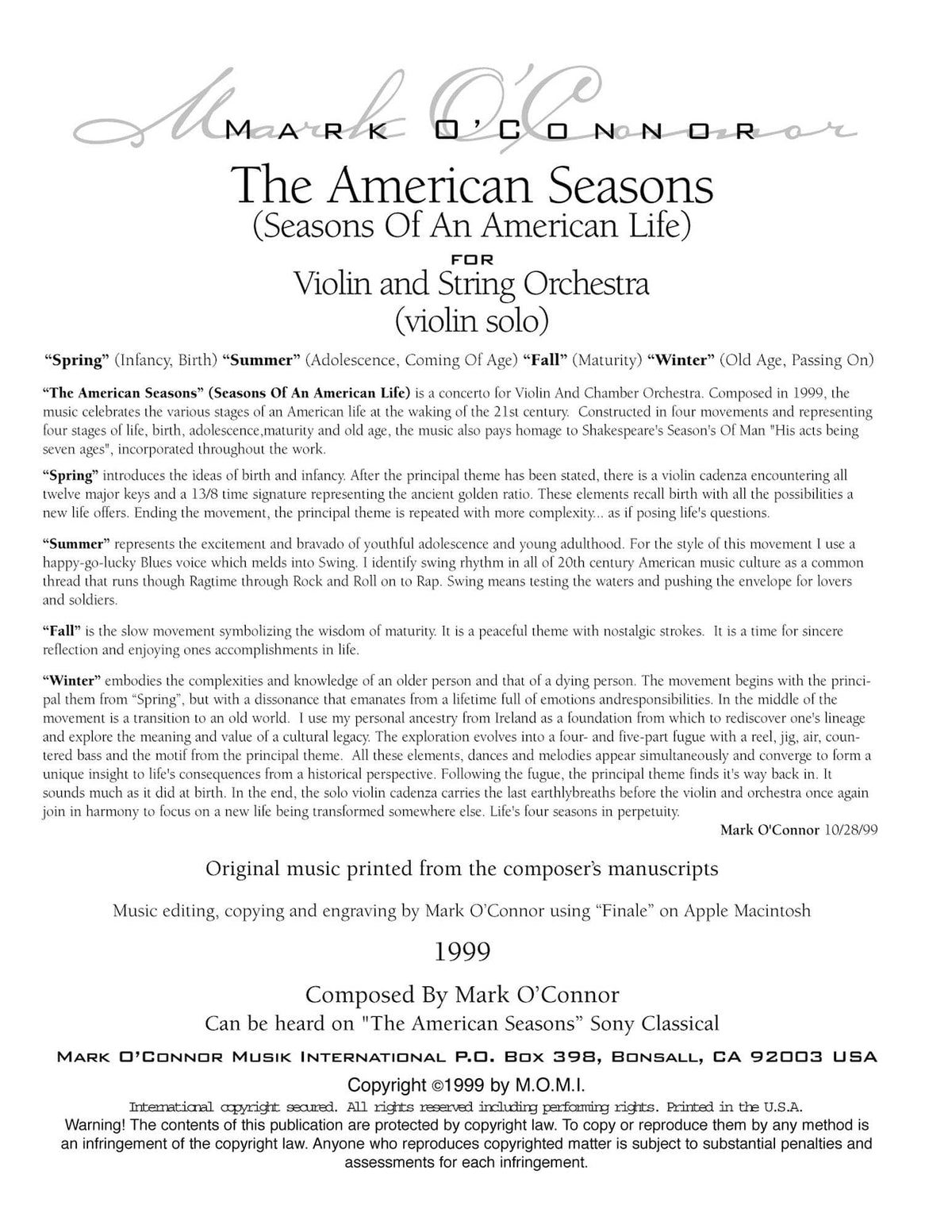 O'Connor, Mark - American Seasons for Violin and String Orchestra - Violin Solo - Digital Download