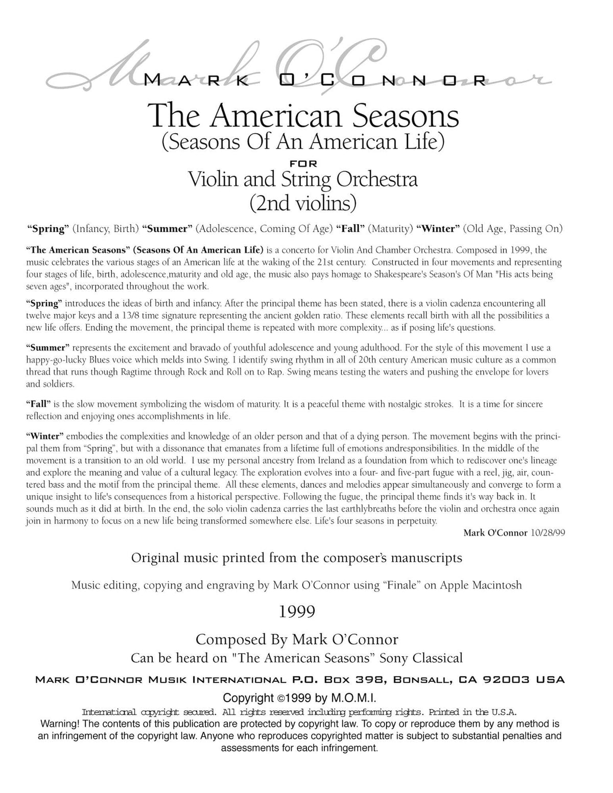 O'Connor, Mark - American Seasons for Violin and String Orchestra - 2nd Violins - Digital Download