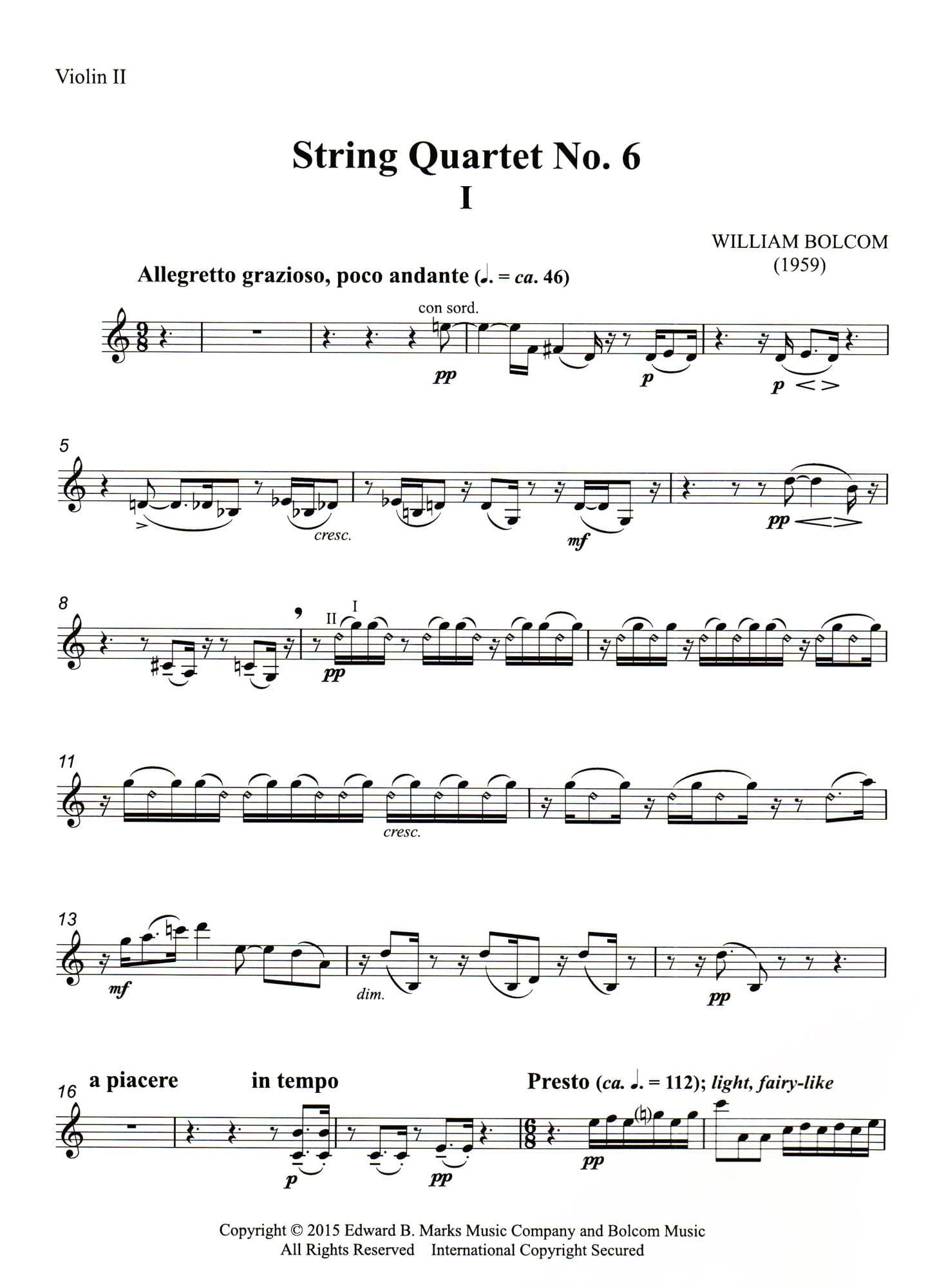 Bolcom, William - String Quartet No. 6 - Score and Parts - Edward B. Marks Music Company