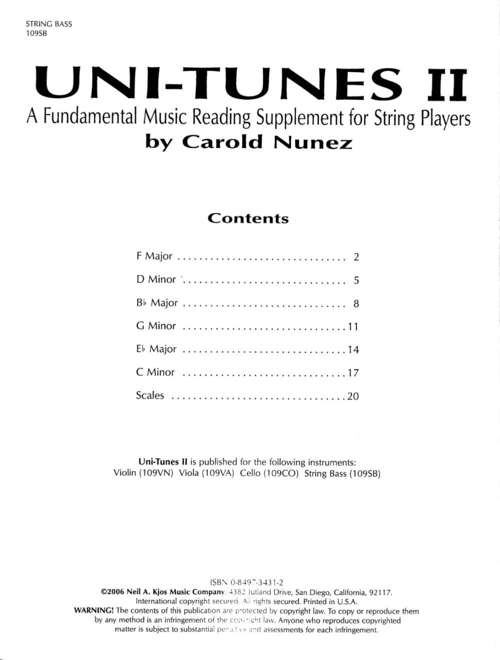 Uni-Tunes II Fundamental Reading Supplement-Bass By Carol Nunez Published by Neil A Kjos Music Company