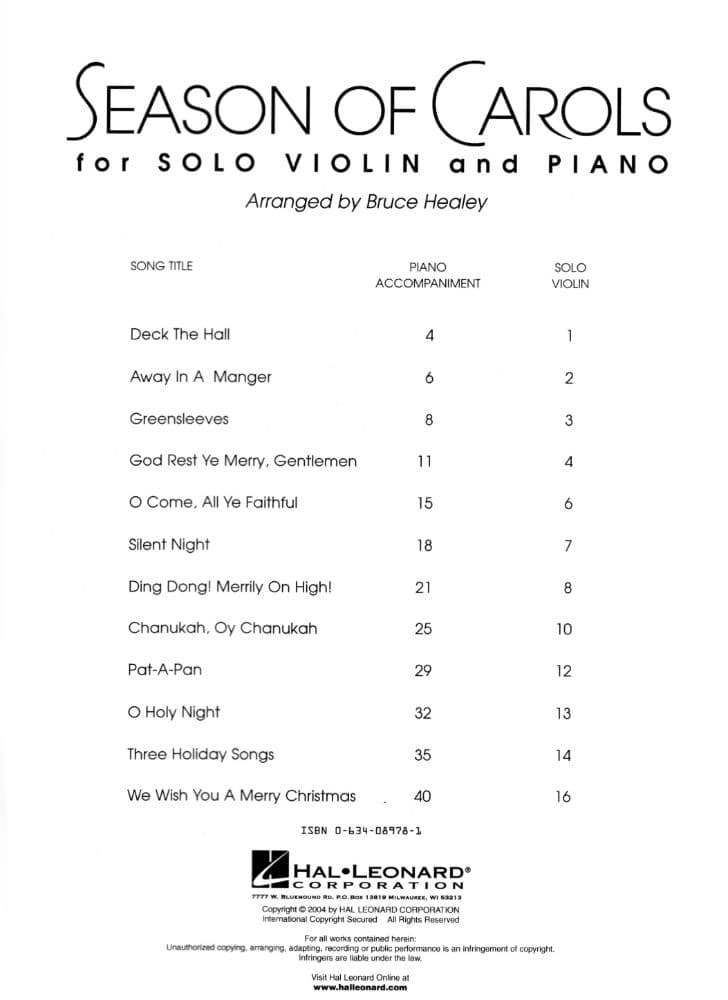 Season of Carols - Violin and Piano - arranged by Bruce Healey - Hal Leonard Edition