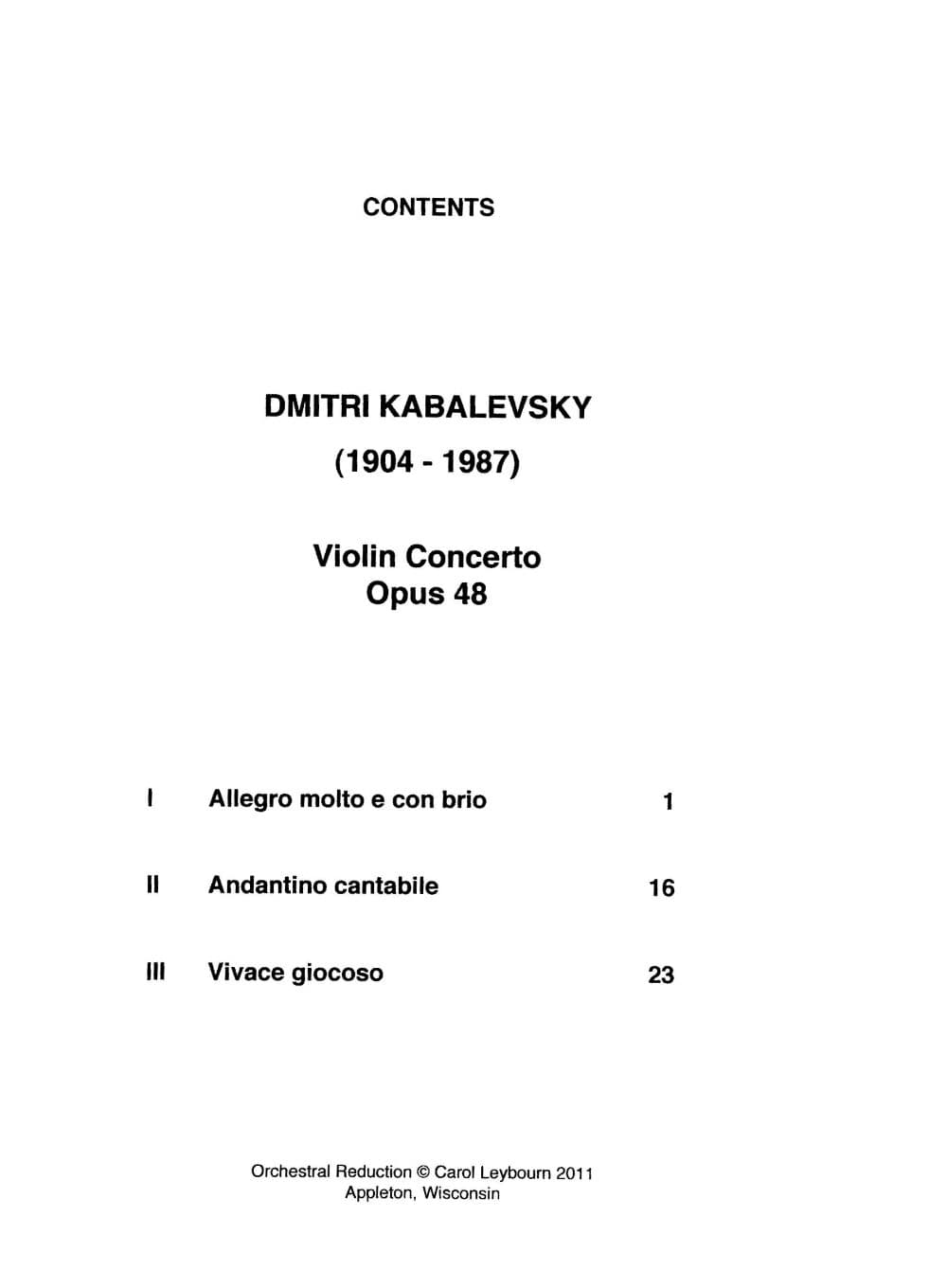 Kabalevsky, Dmitri - Violin Concerto in C major, Op. 48 - PIANO ACCOMPANIMENT ONLY - arranged by Carol Leybourn - Frustrated Accompanist Edition