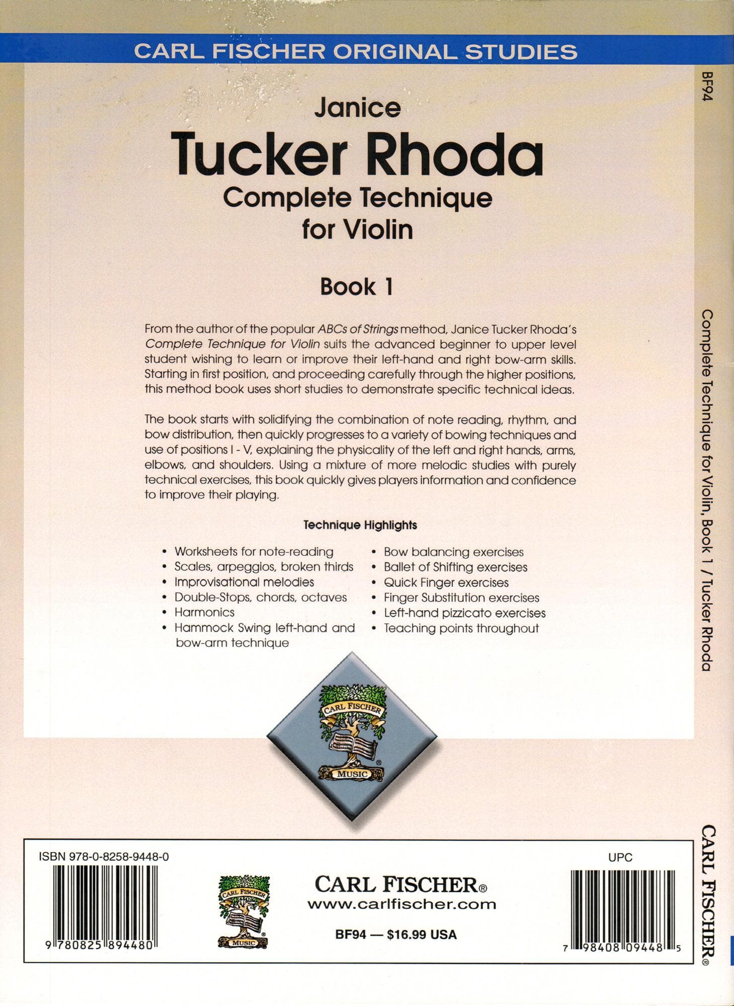 Janice Tucker Rhoda - Complete Technique for Violin - Book One - for Violin - published by Carl Fischer