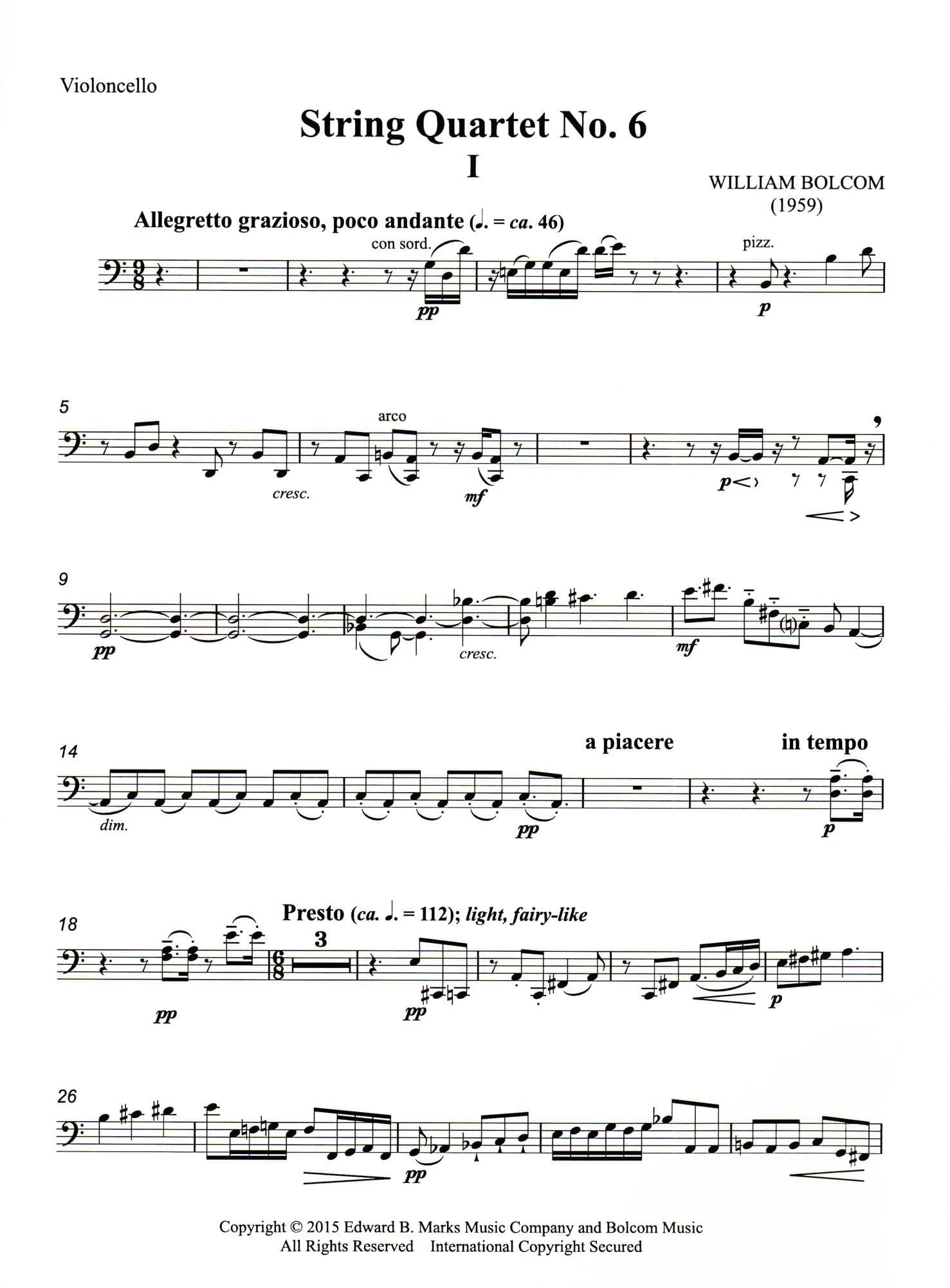 Bolcom, William - String Quartet No. 6 - Score and Parts - Edward B. Marks Music Company