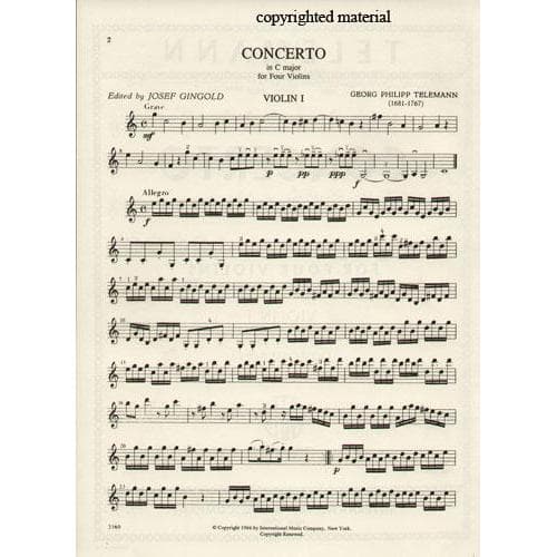 Telemann, Georg Philipp - Concerto in C Major TWV 40:203 For Violin and Piano Published by International Music Company