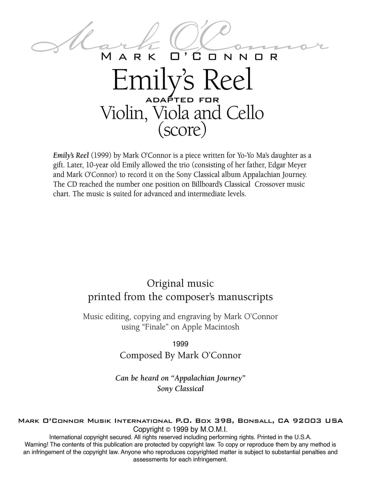 O'Connor, Mark - Emily's Reel for Violin, Viola, and Cello - Score - Digital Download