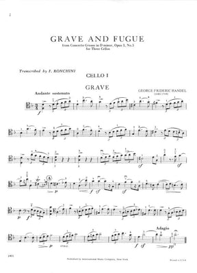 Handel, George Frideric - Grave and Fugue from Concerto Grosso in d minor, Op 3, No 5 - Three Cellos - arranged by Ronchini - International Edition