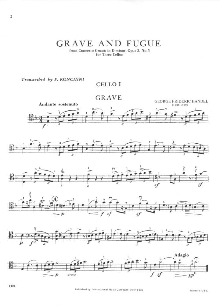 Handel, George Frideric - Grave and Fugue from Concerto Grosso in d minor, Op 3, No 5 - Three Cellos - arranged by Ronchini - International Edition