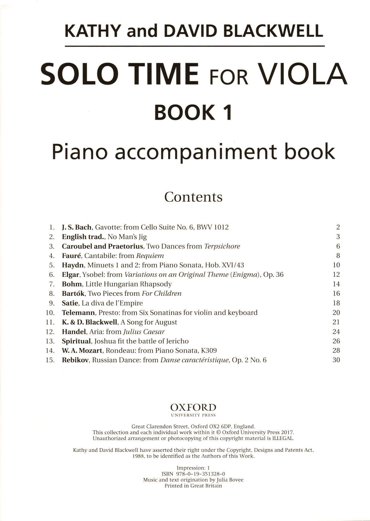 Solo Time for Viola - by Kathy and David Blackwell - Book 1 - for Viola and Piano - Oxford University Press