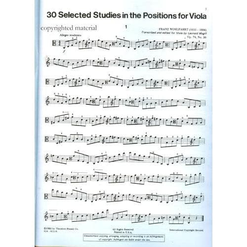 Wohlfahrt, Franz - 30 Selected Studies In The Positions, for Viola Edited by Mogill Published by the Theodore Presser Company