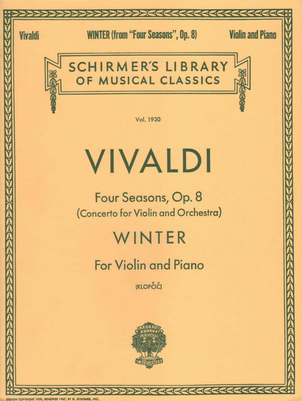 Vivaldi, Antonio - Winter 4 Seasons f minor RV 297 For Violin and Piano Edited by Klopcic Published by G Schirmer