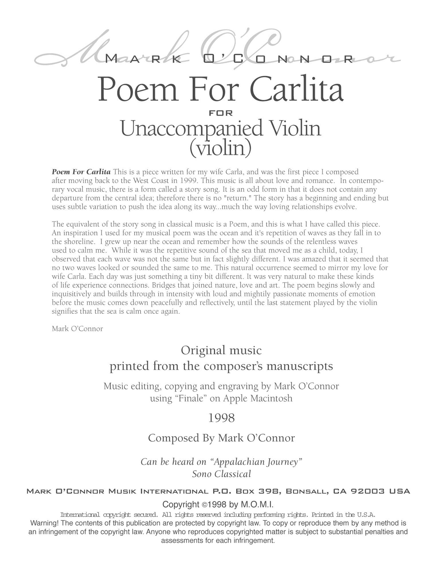 O'Connor, Mark - Poem for Carlita for Unaccompanied Violin - Digital Download