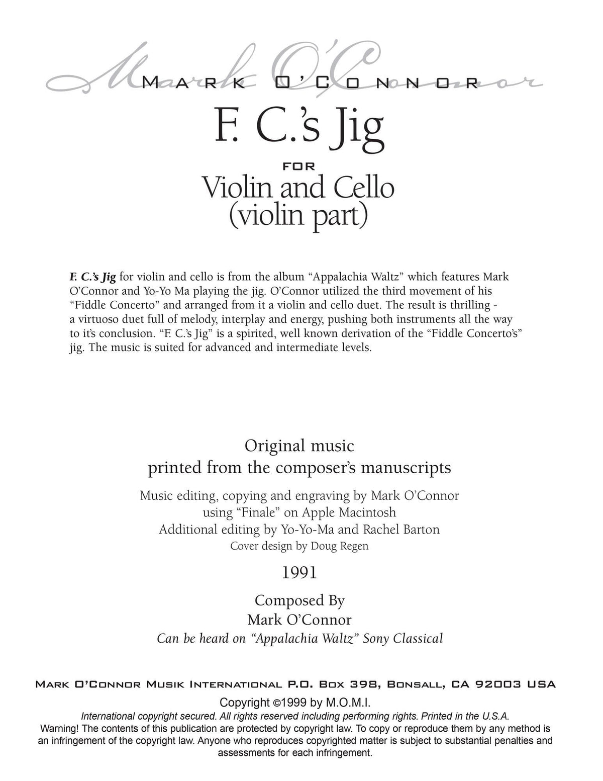 O'Connor, Mark - F.C.'s Jig for Violin and Cello - Violin - Digital Download