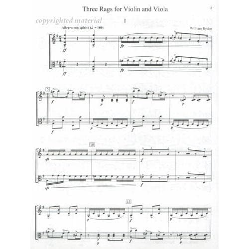 Ryden - Three Rags For Violin and Viola Published by Masters Music Publications, Inc