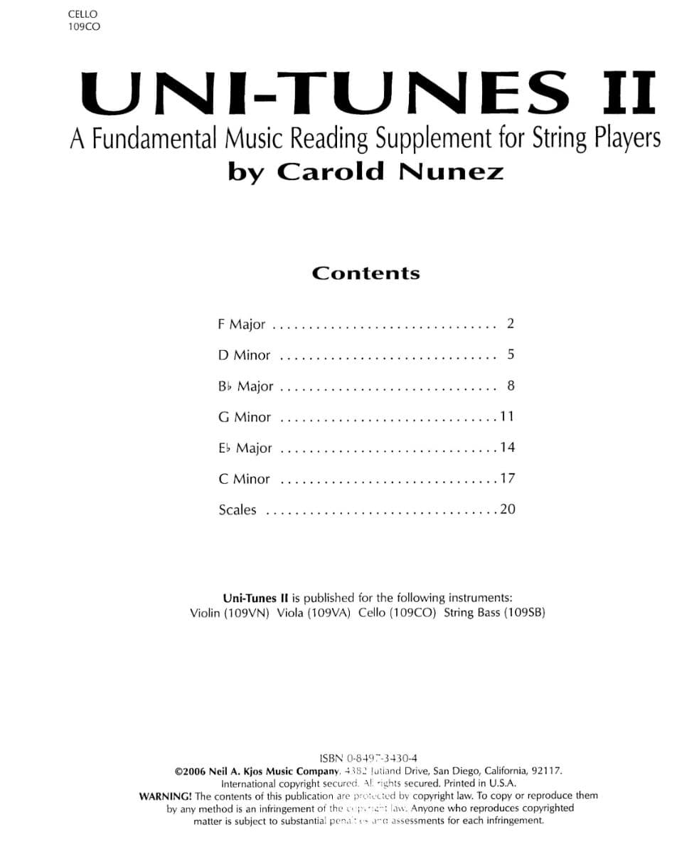 Uni-Tunes II Fundamental Reading Supplement-Cello By Carol Nunez Published by Neil A Kjos Music Company