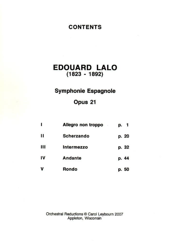 Lalo, Edouard - Symphonie Espagnole for Violin, Op 21 - PIANO ACCOMPANIMENT ONLY - arranged by Carol Leybourn - Frustrated Accompaninist Edition