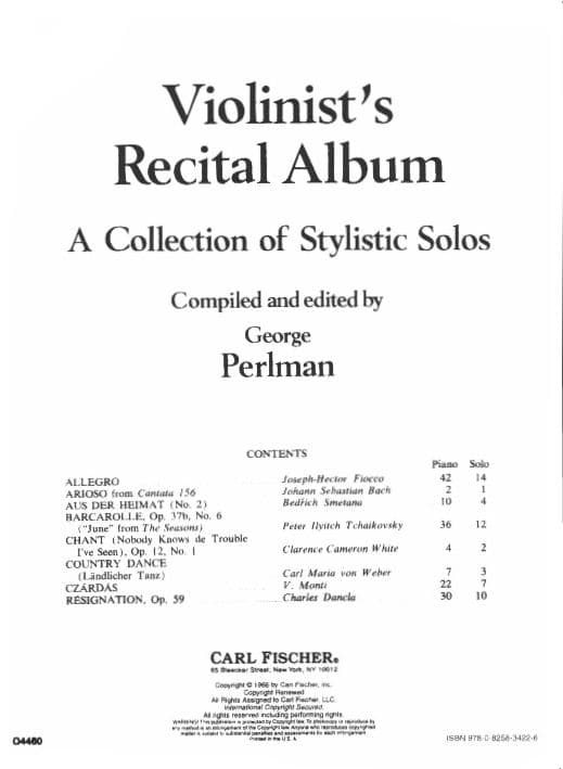 Violinist's Recital Album: A Collection of Stylistic Solos - Violin and Piano - edited by George Perlman - Carl Fischer