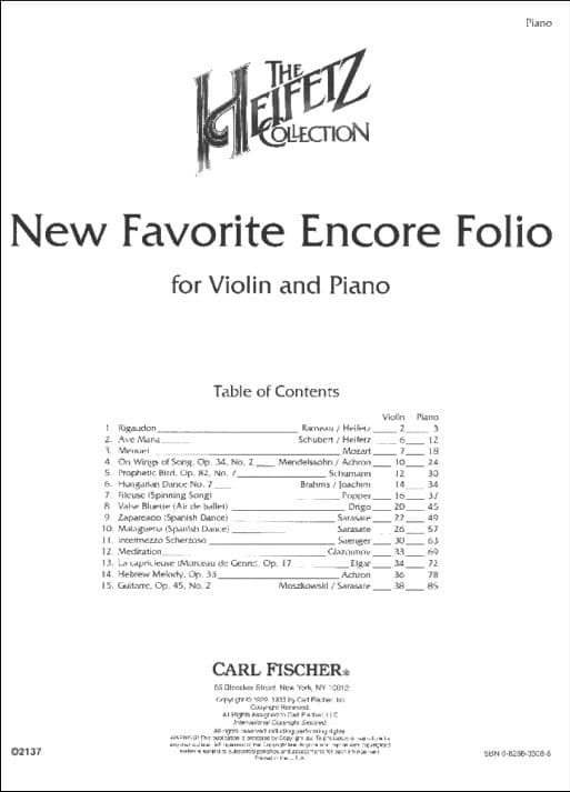 New Favorite Encore Folio - Violin and Piano - arranged by Jascha Heifetz - Carl Fischer Edition