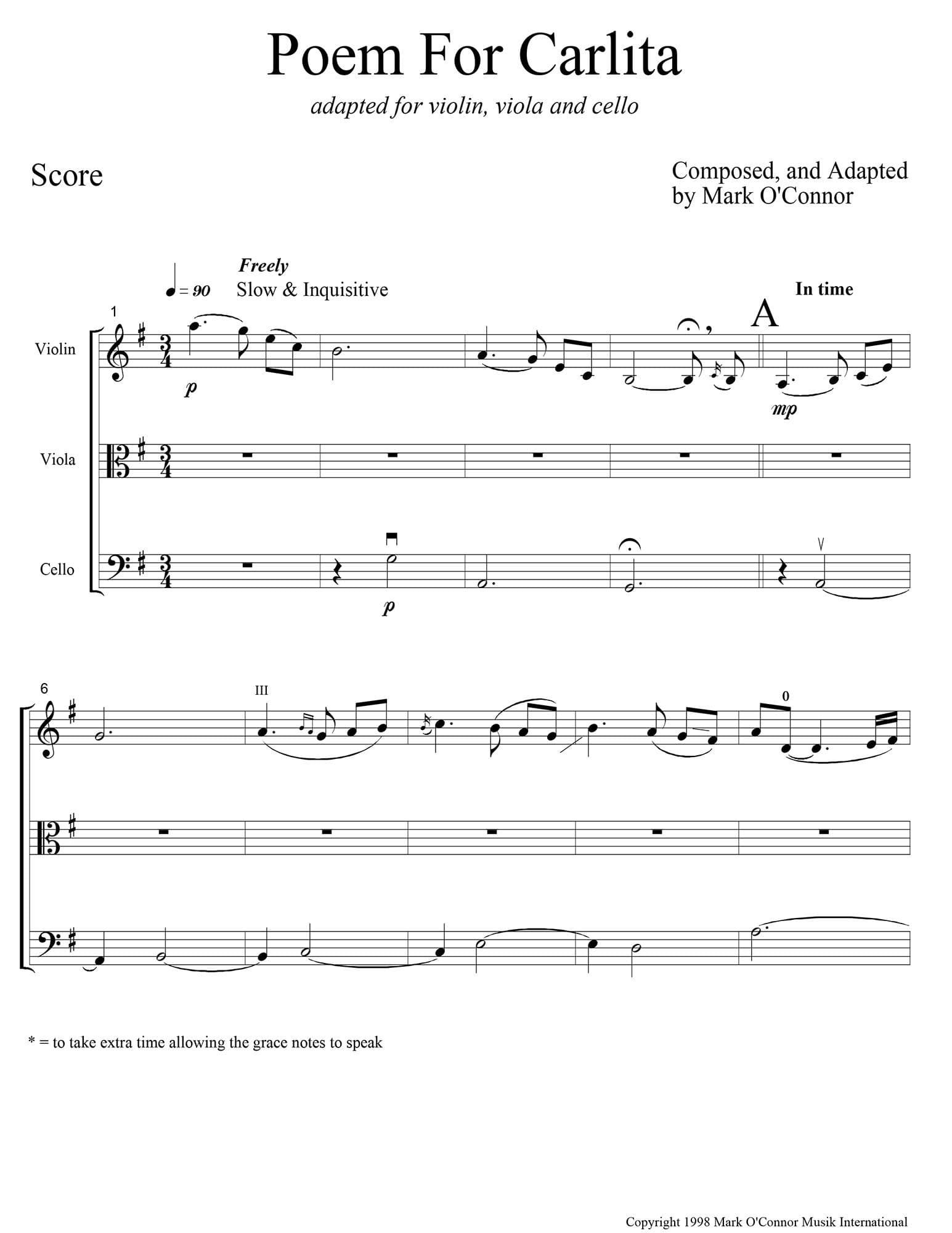 O'Connor, Mark - Poem for Carlita for Violin, Viola, and Cello - Score - Digital Download