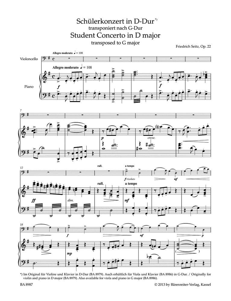 Seitz, Fritz (Friedrich) - Concert Pieces: Student Concerto D Major,  Op 22 - for Cello and Piano - edited by Christoph Sassmannshaus - Bärenreiter