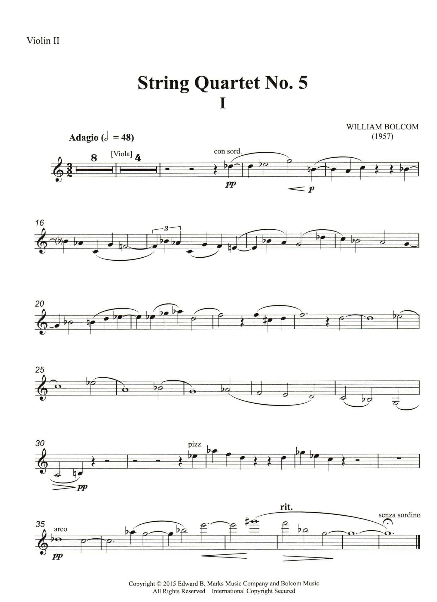 Bolcom, William - String Quartet No. 5 - Score and Parts - Edward B. Marks Music Company