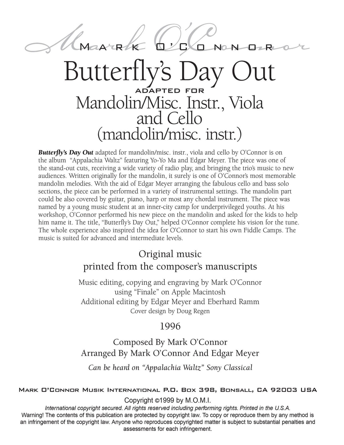 O'Connor, Mark - Butterfly's Day Out for Mandolin, Viola, Cello - Mandolin - Digital Download