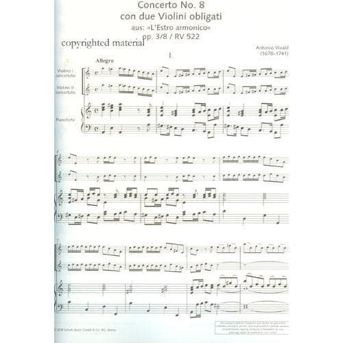 Vivaldi, Antonio - Concerto in a minor, Op 3, No 8, RV 522 - Two Violins and Piano - edited by Tivadar Nachéz - Schott Edition