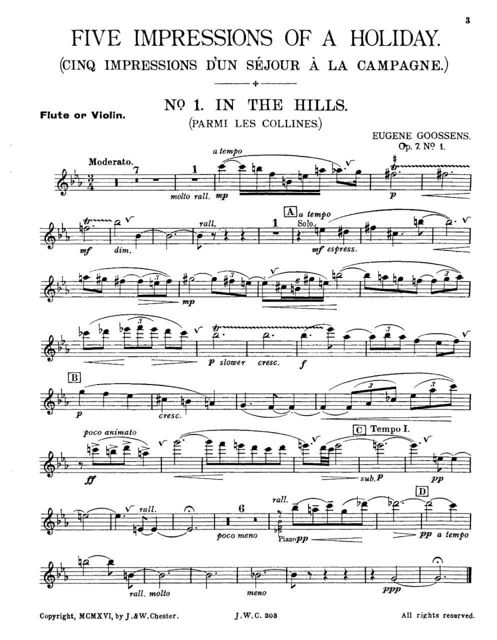 Goossens, Sir Eugene - Five Impressions of a Holiday, for Piano Trio (Violin, Cello, and Piano) Published by Lauren Publications