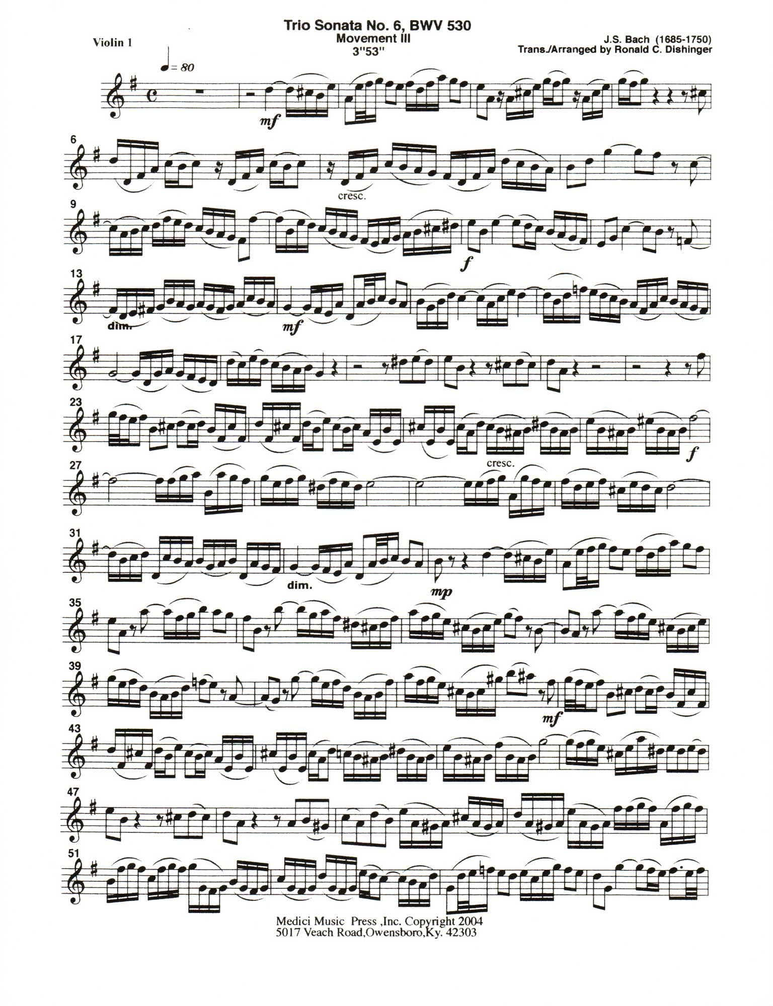 Bach, J.S. - Trio Sonata No. 6, Mvt. III, from BWV 530 - for String Quintet or Orchestra - transcribed by Dishinger - Medici Music Press