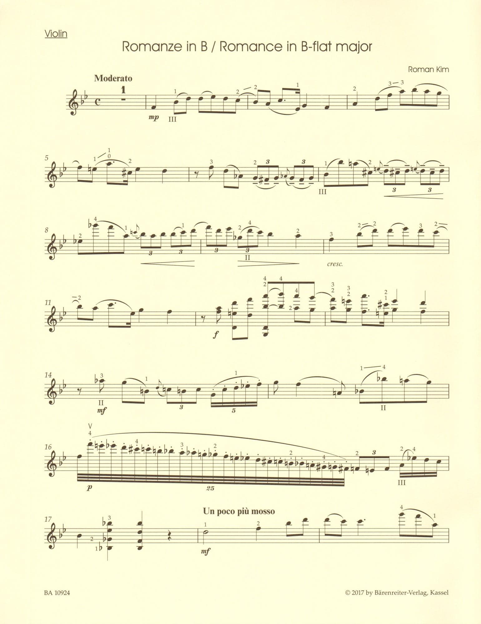 Kim, Roman - Three Romances - for Violin and Piano - Barenreiter