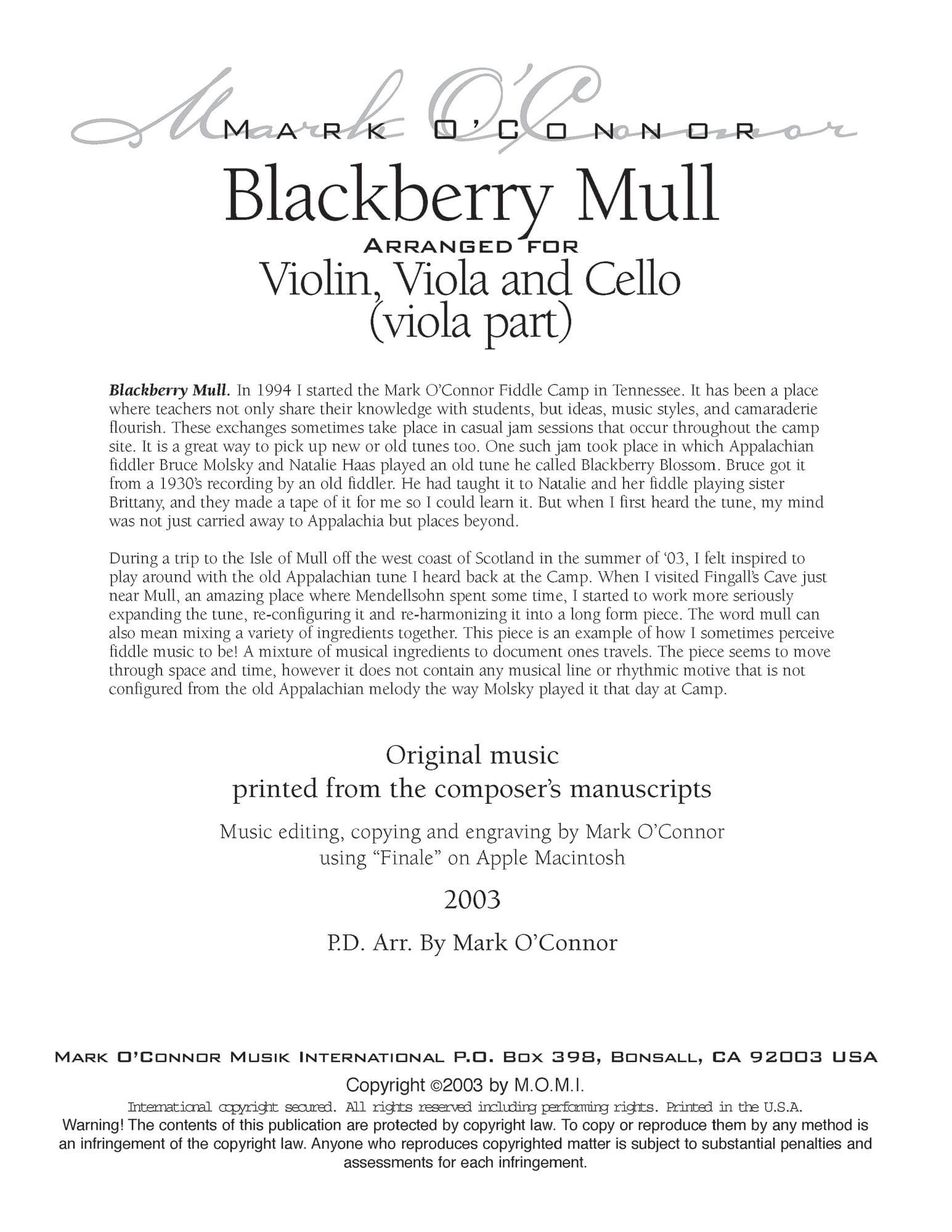 O'Connor, Mark - Blackberry Mull for Violin, Viola, and Cello - Viola - Digital Download