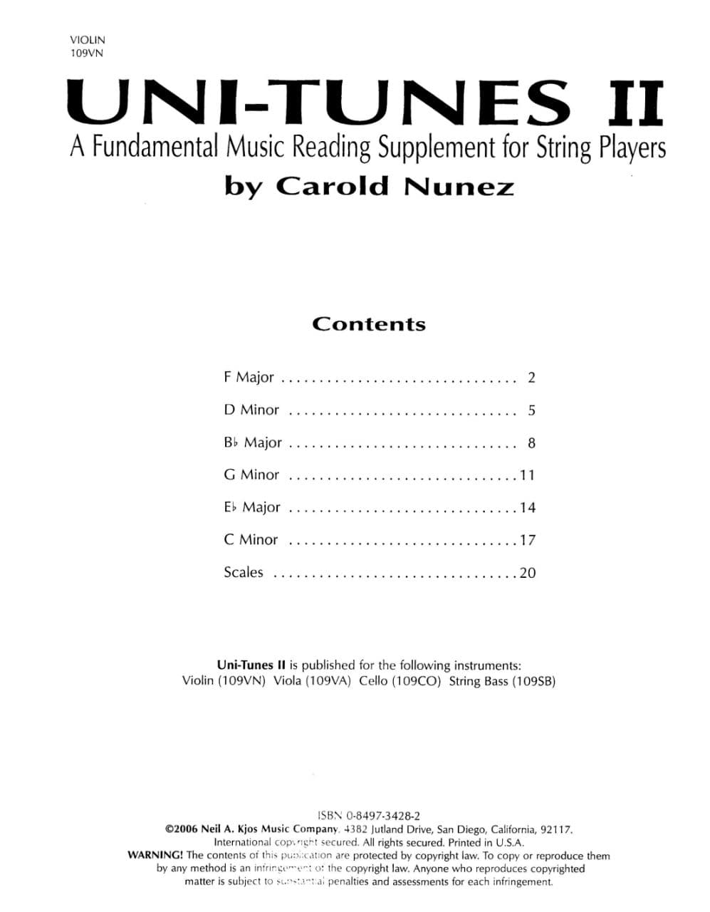 Uni-Tunes II Fundamental Reading Supplement-Violin By Carol Nunez Published by Neil A Kjos Music Company